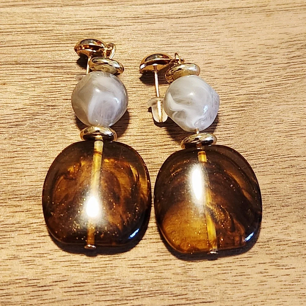 Amber Marbled Resin Drop Earrings‎ Gold Tone Ball Stud Dangle Bohemian Jewelry